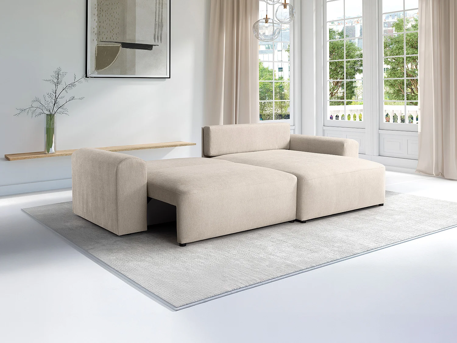 Vändbar bäddsoffa i beige tyg ILANOR