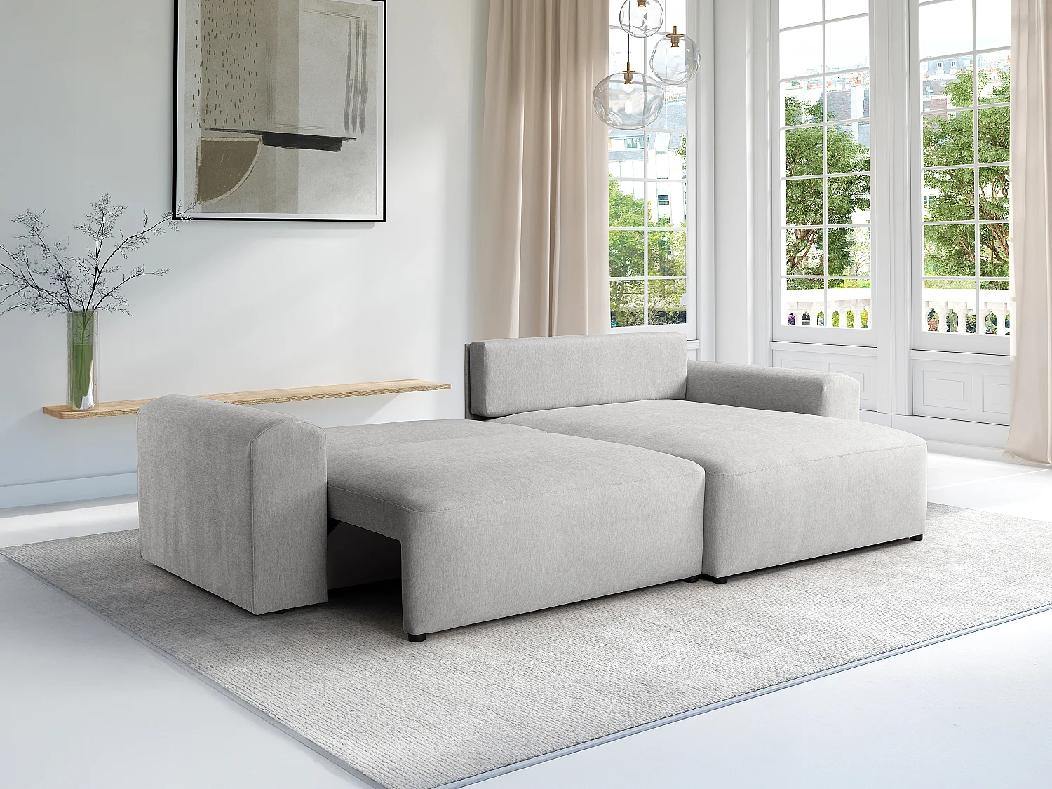 Bäddsoffa med hörnkonfiguration och vändbar i ljusgrått tyg ILANOR