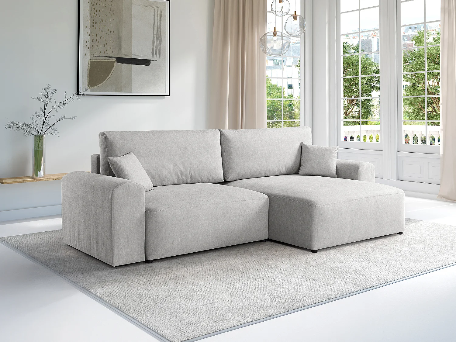 Bäddsoffa med hörnkonfiguration och vändbar i ljusgrått tyg ILANOR