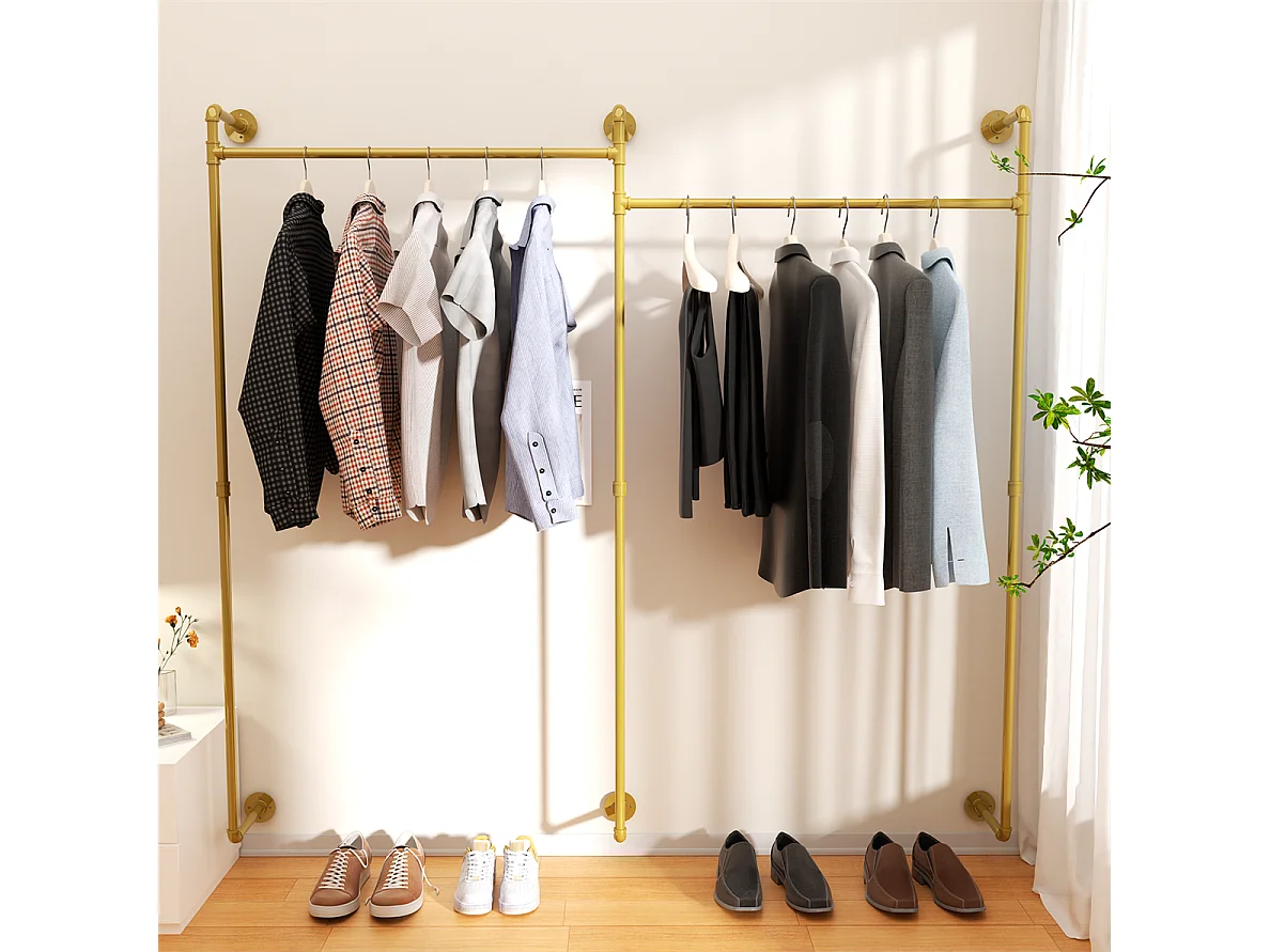 Gouden metalen wandkapstok, hangstang, kledingrek 205x190cm