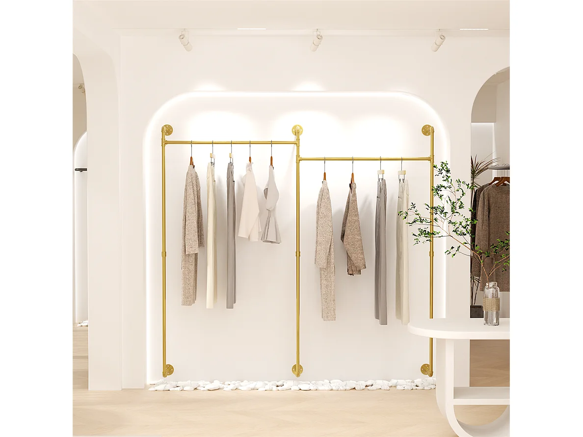 Gouden metalen wandkapstok, hangstang, kledingrek 205x190cm