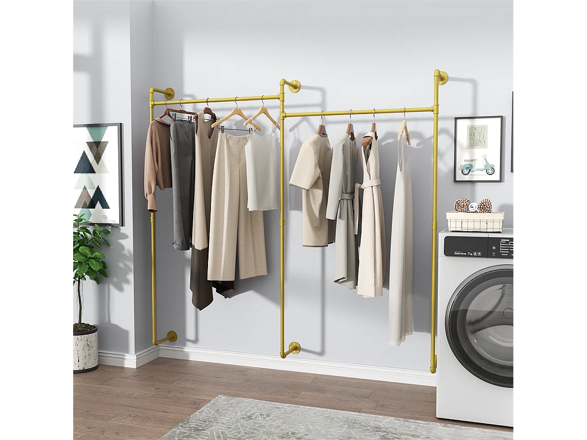 Gouden metalen wandkapstok, hangstang, kledingrek 205x190cm