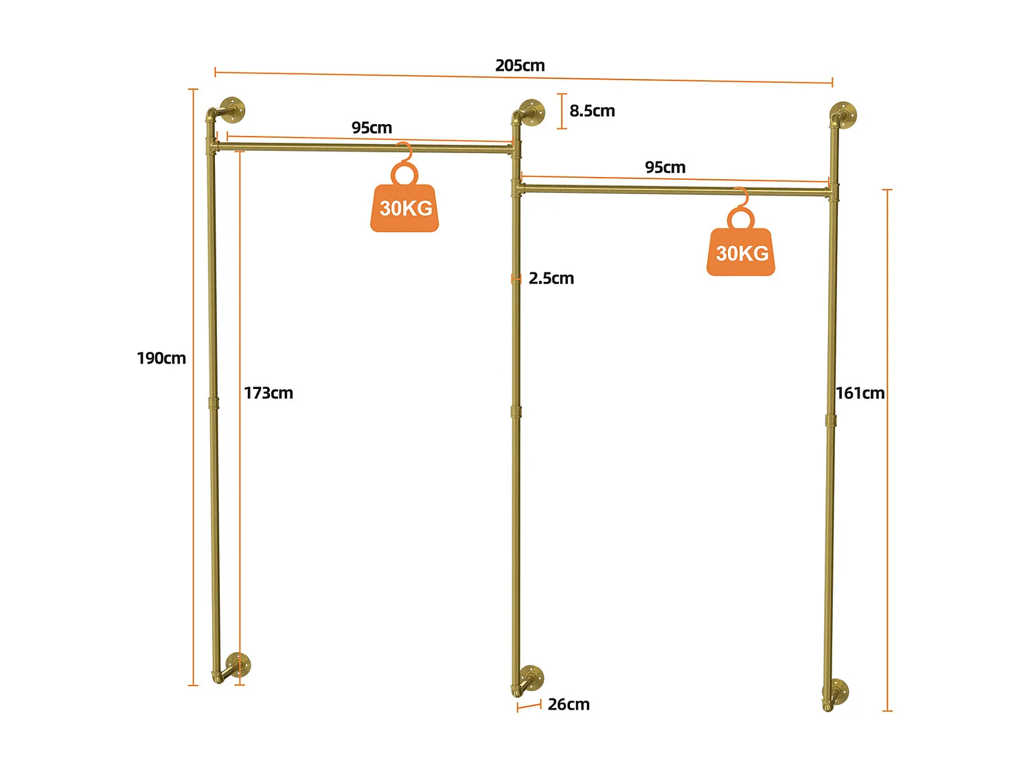 Gouden metalen wandkapstok, hangstang, kledingrek 205x190cm