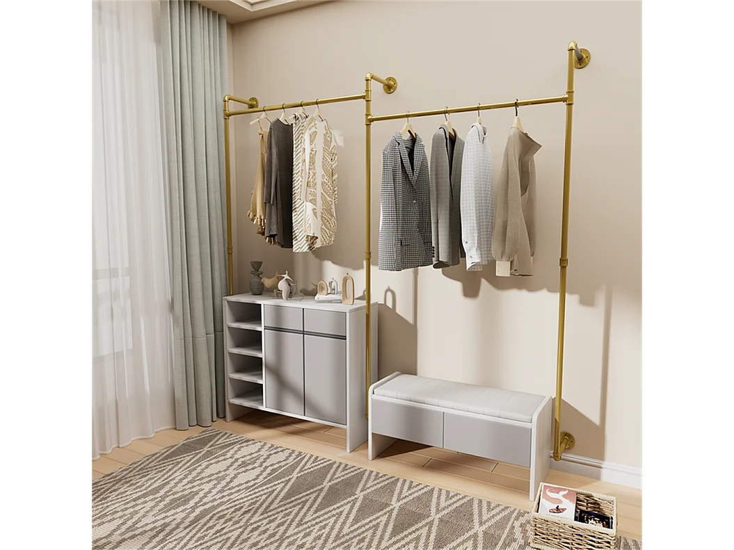 Gouden metalen wandkapstok, hangstang, kledingrek 205x190cm