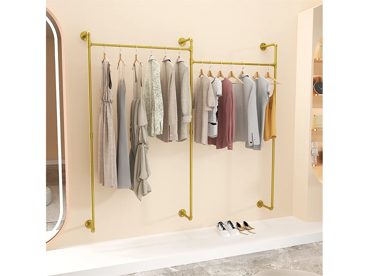 Gouden metalen wandkapstok, hangstang, kledingrek 205x190cm