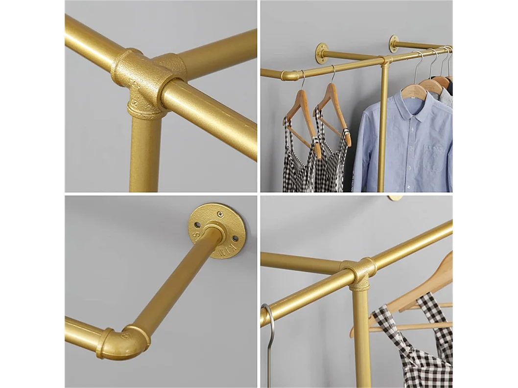 Porte-manteaux en métal doré mural Barre de penderie Portant à vêtement 205x190cm