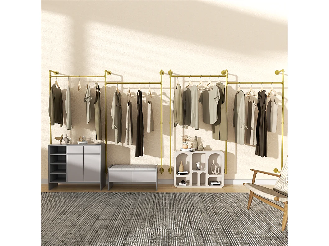 Porte-manteaux en métal doré mural Barre de penderie Portant à vêtement 205x190cm