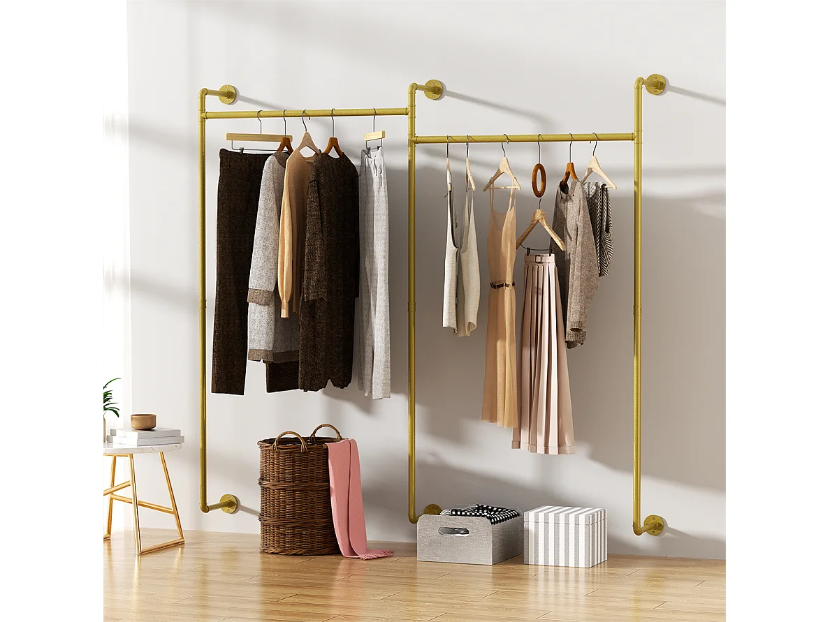 Porte-manteaux en métal doré mural Barre de penderie Portant à vêtement 205x190cm