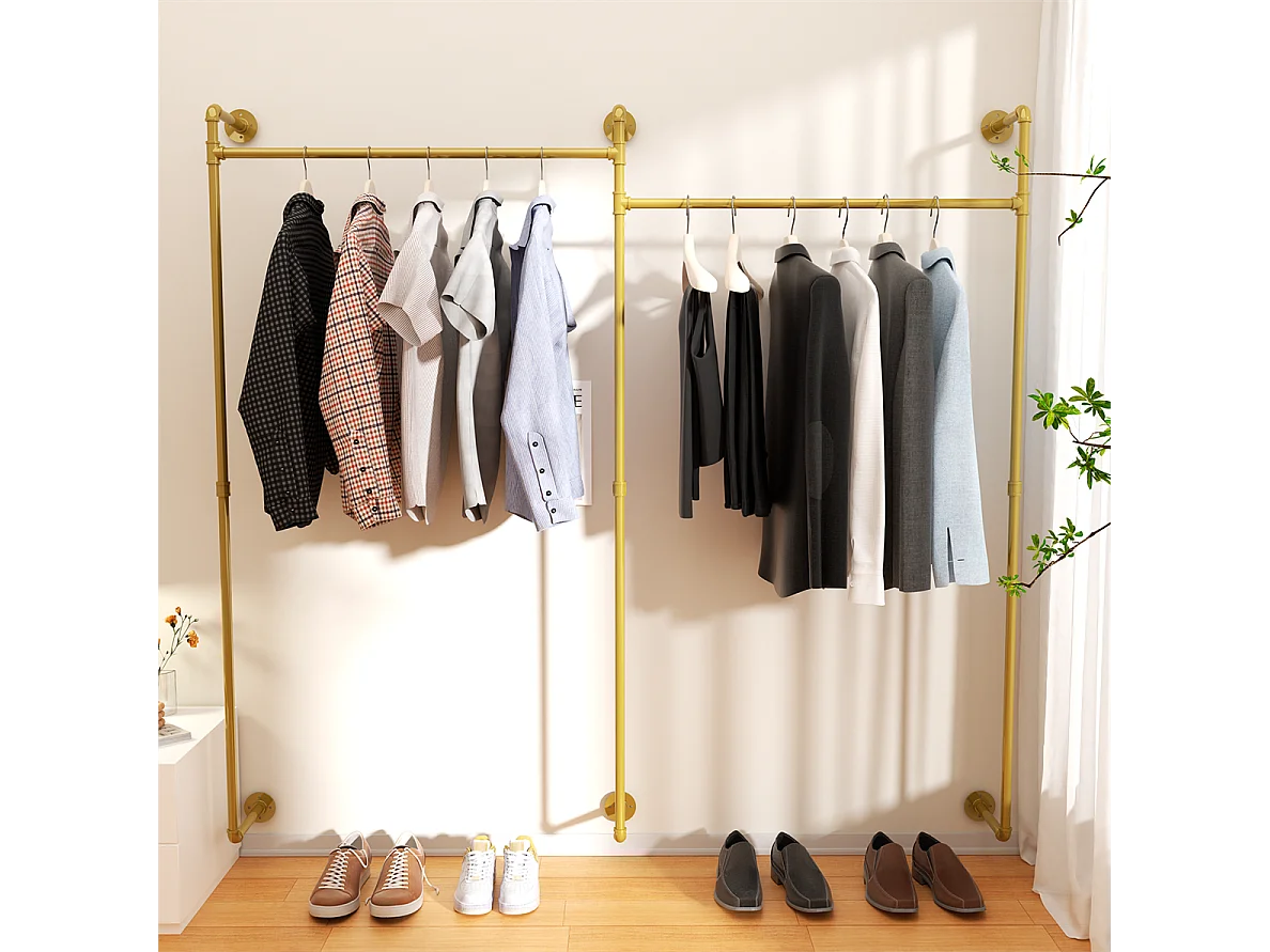 Porte-manteaux en métal doré mural Barre de penderie Portant à vêtement 205x190cm