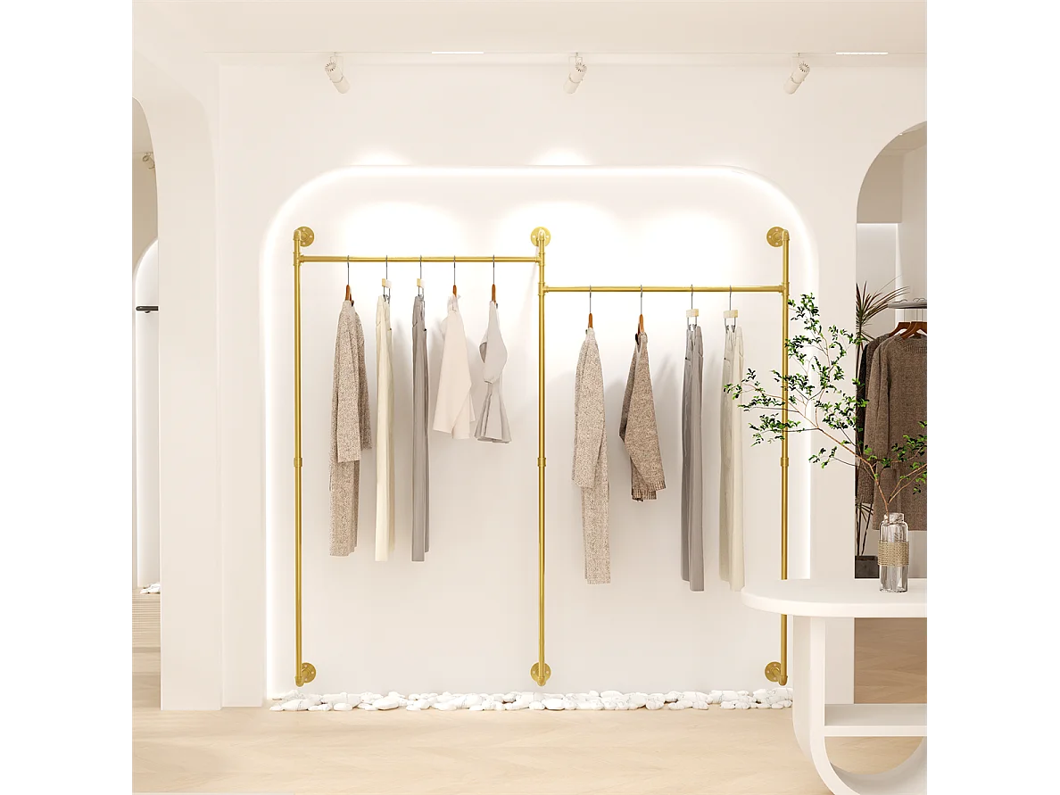 Porte-manteaux en métal doré mural Barre de penderie Portant à vêtement 205x190cm