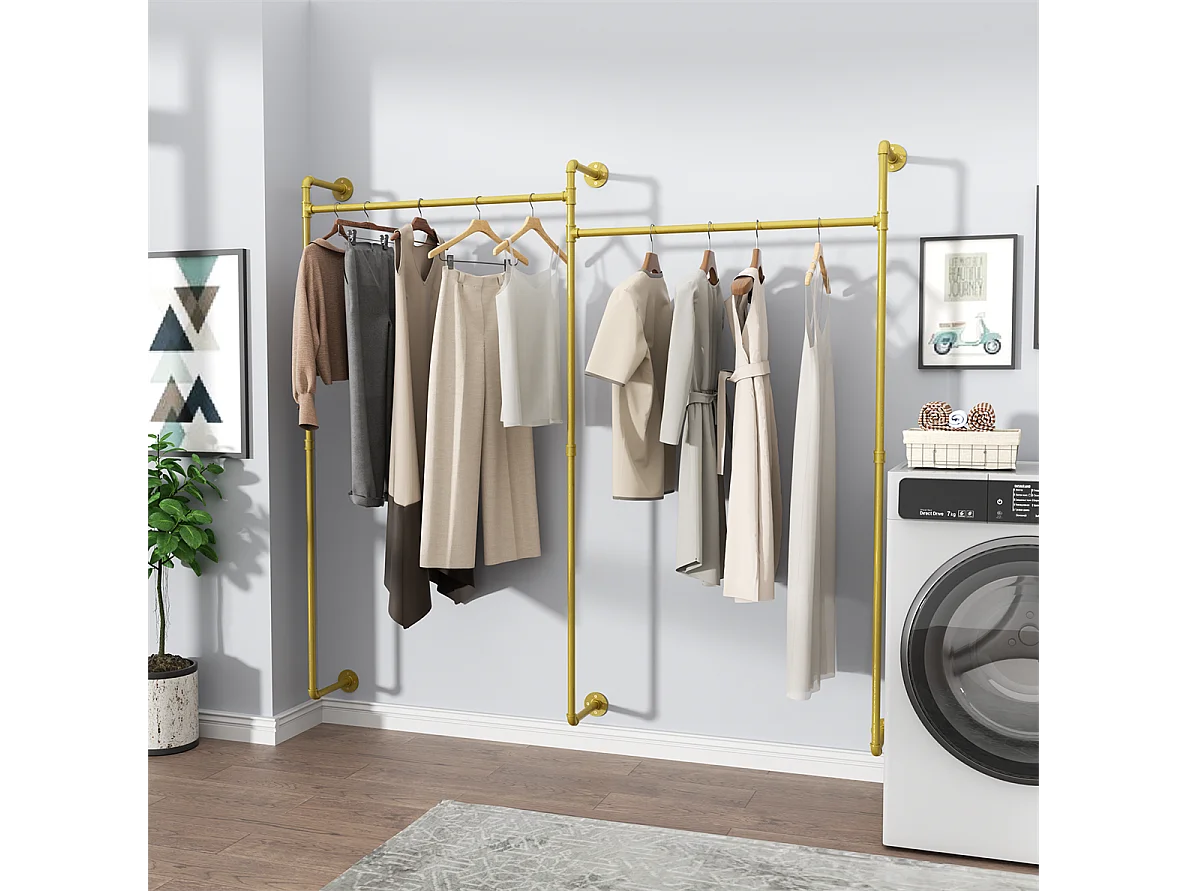 Porte-manteaux en métal doré mural Barre de penderie Portant à vêtement 205x190cm