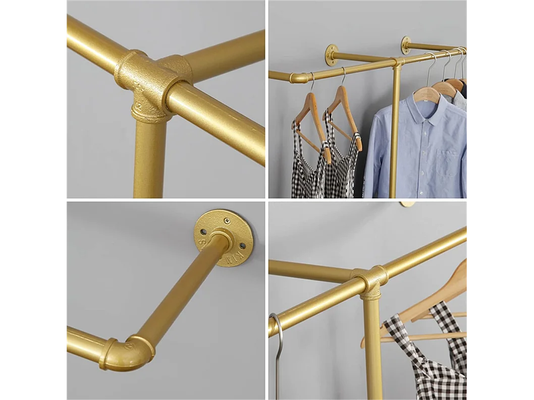 Porte-manteaux en métal doré mural Barre de penderie Portant à vêtement 205x190cm