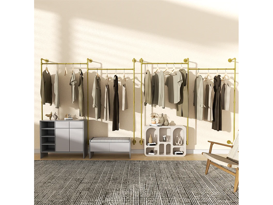 Porte-manteaux en métal doré mural Barre de penderie Portant à vêtement 205x190cm