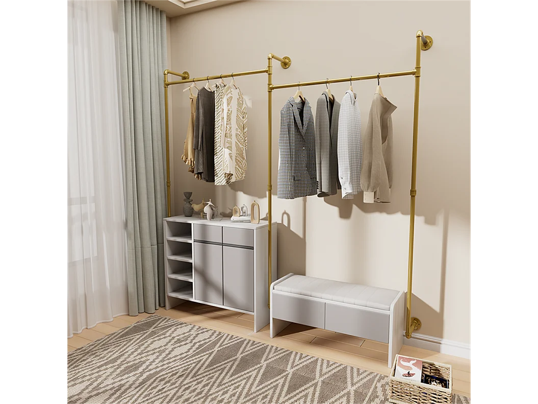 Porte-manteaux en métal doré mural Barre de penderie Portant à vêtement 205x190cm