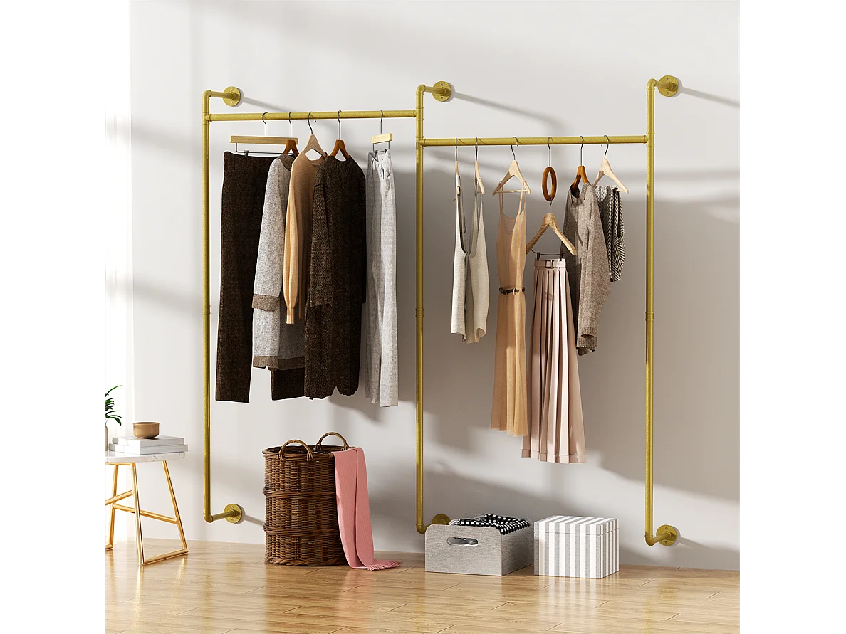 Porte-manteaux en métal doré mural Barre de penderie Portant à vêtement 205x190cm