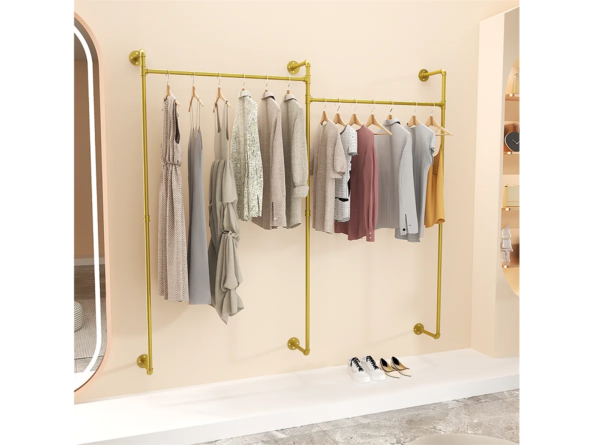 Porte-manteaux en métal doré mural Barre de penderie Portant à vêtement 205x190cm