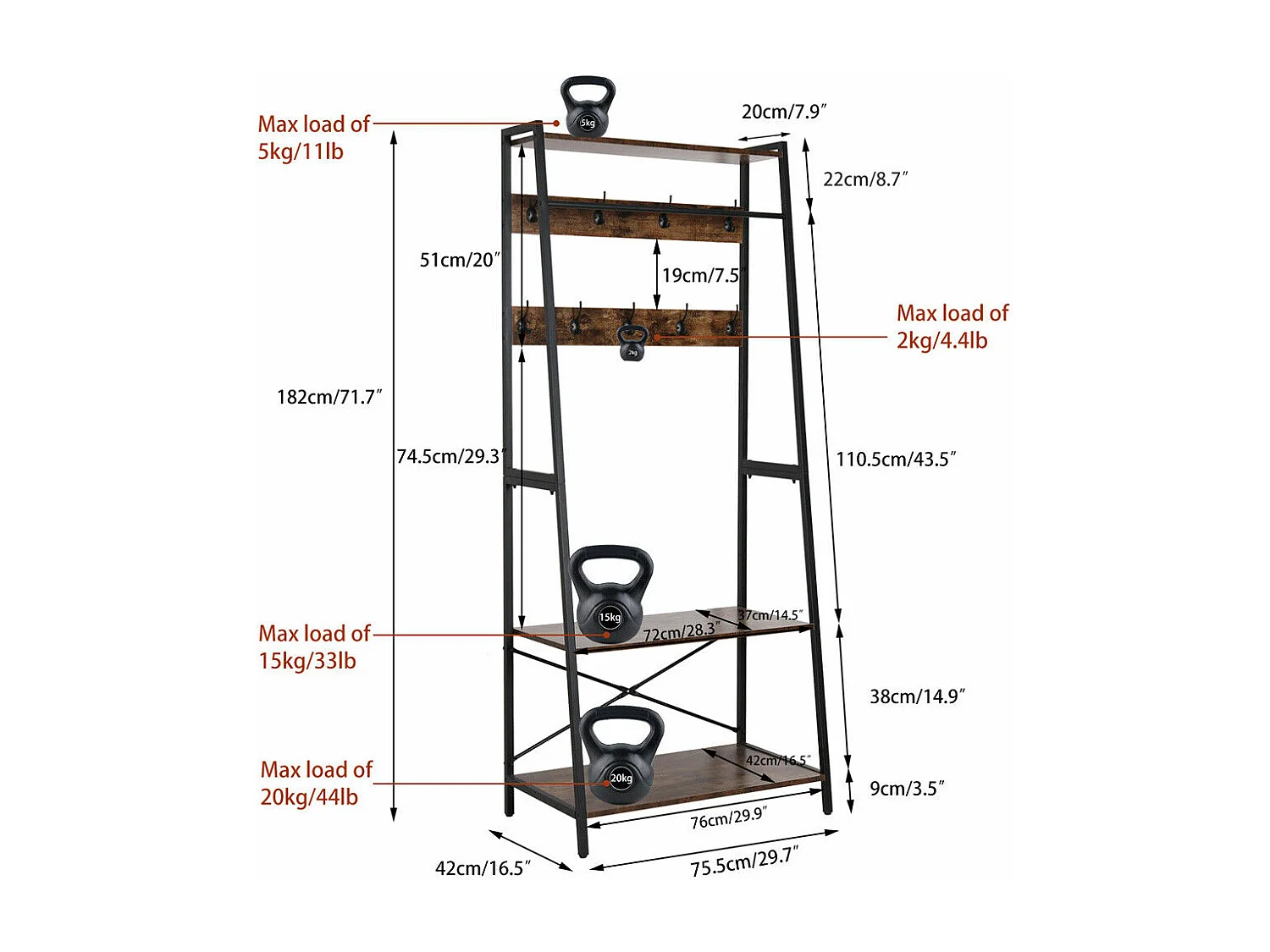 Portant vêtements avec deux étagères Penderie d'entrée Style Industriel Portemanteau H182cm