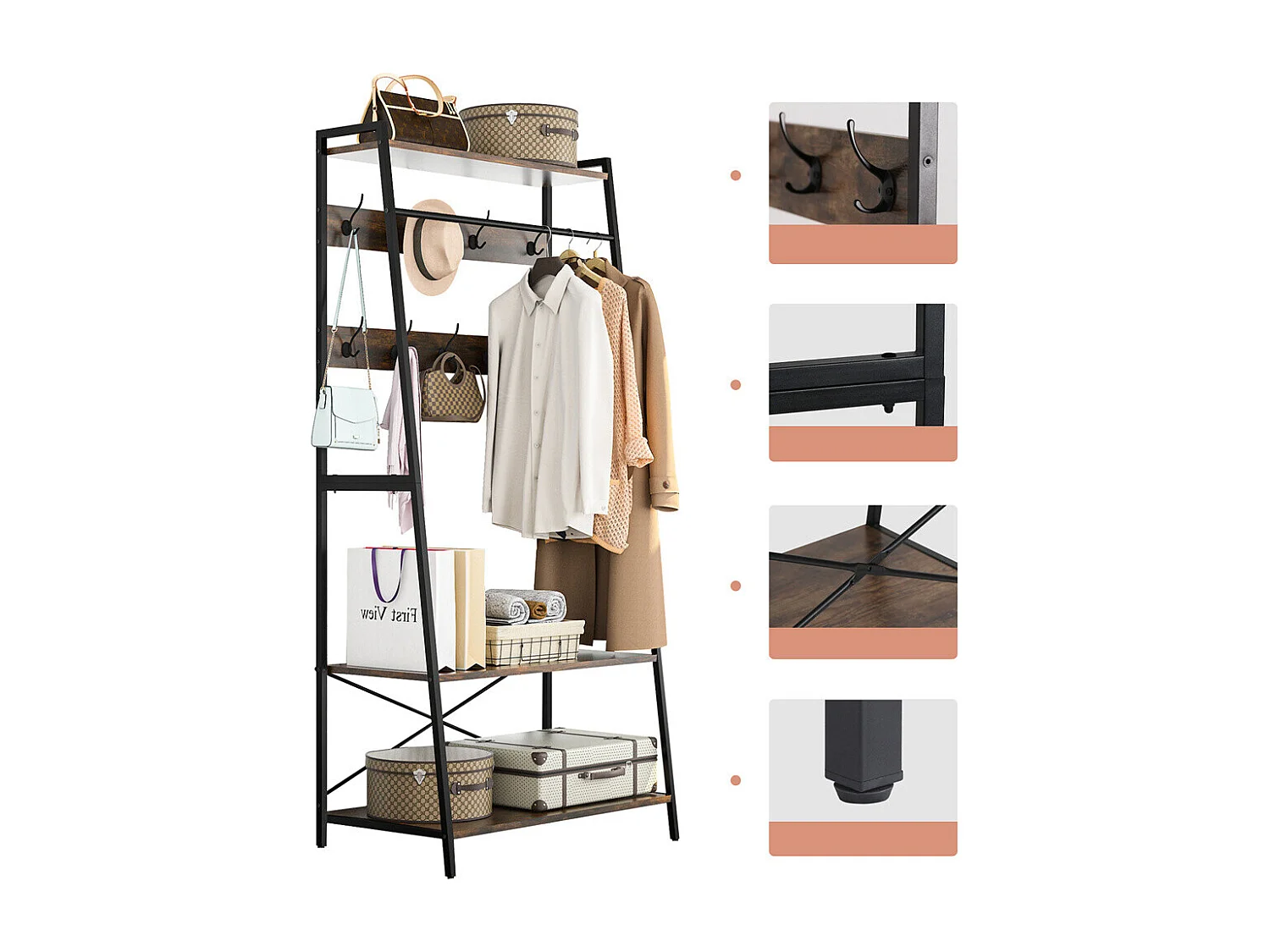 Portant vêtements avec deux étagères Penderie d'entrée Style Industriel Portemanteau H182cm