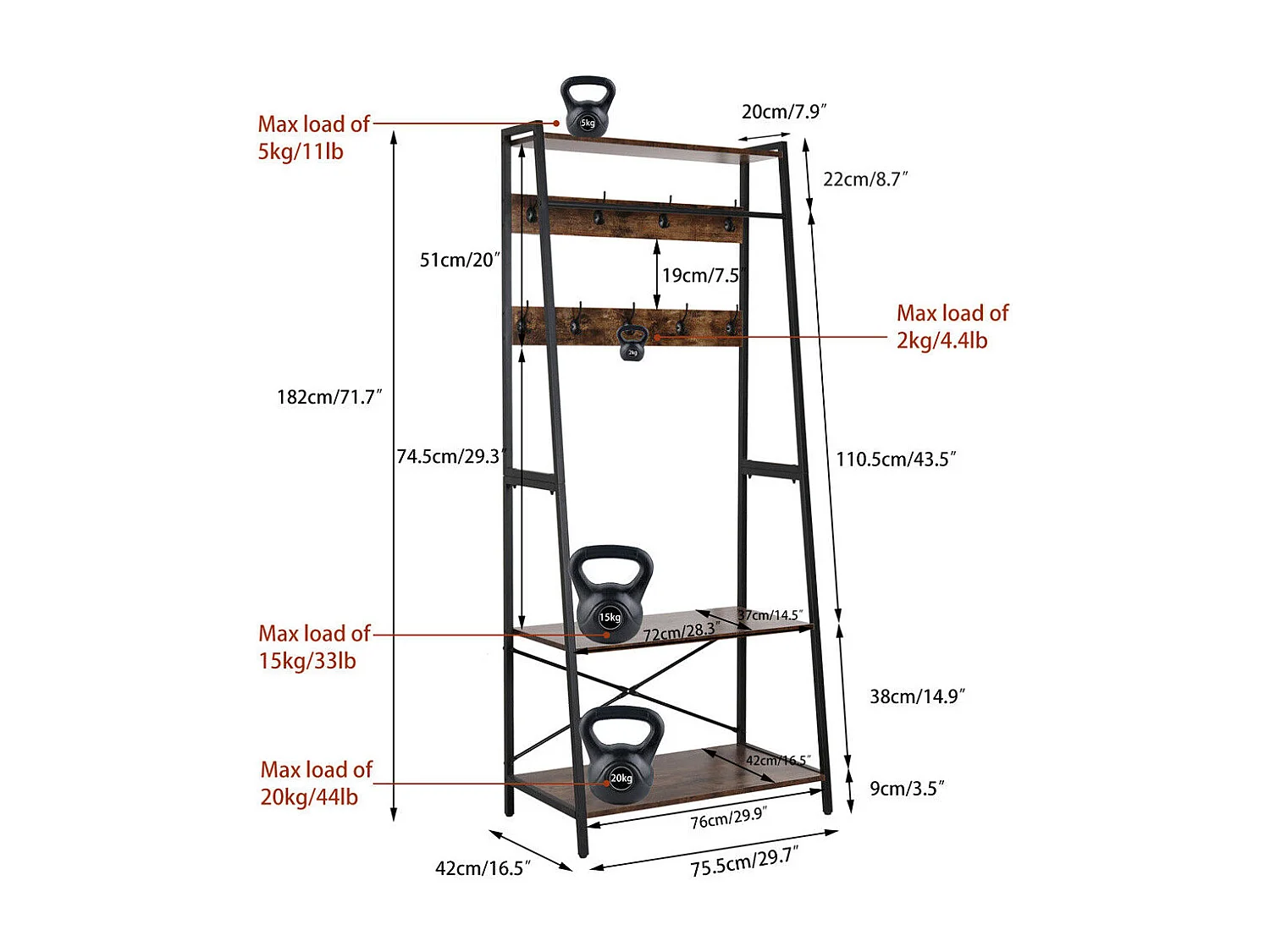 Portant vêtements avec deux étagères Penderie d'entrée Style Industriel Portemanteau H182cm