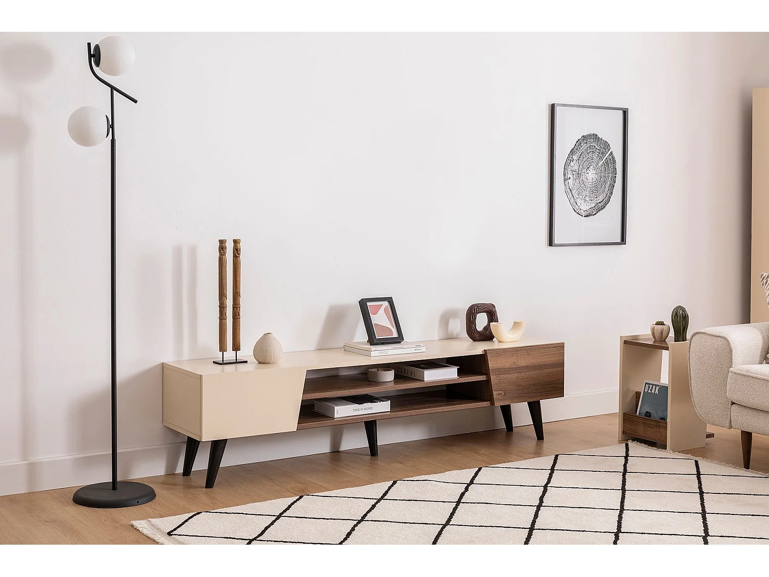 TV-Ständer – 180 x 37 x 45 cm – Walnuss und Beige – Melaminbeschichtete Spanplatte