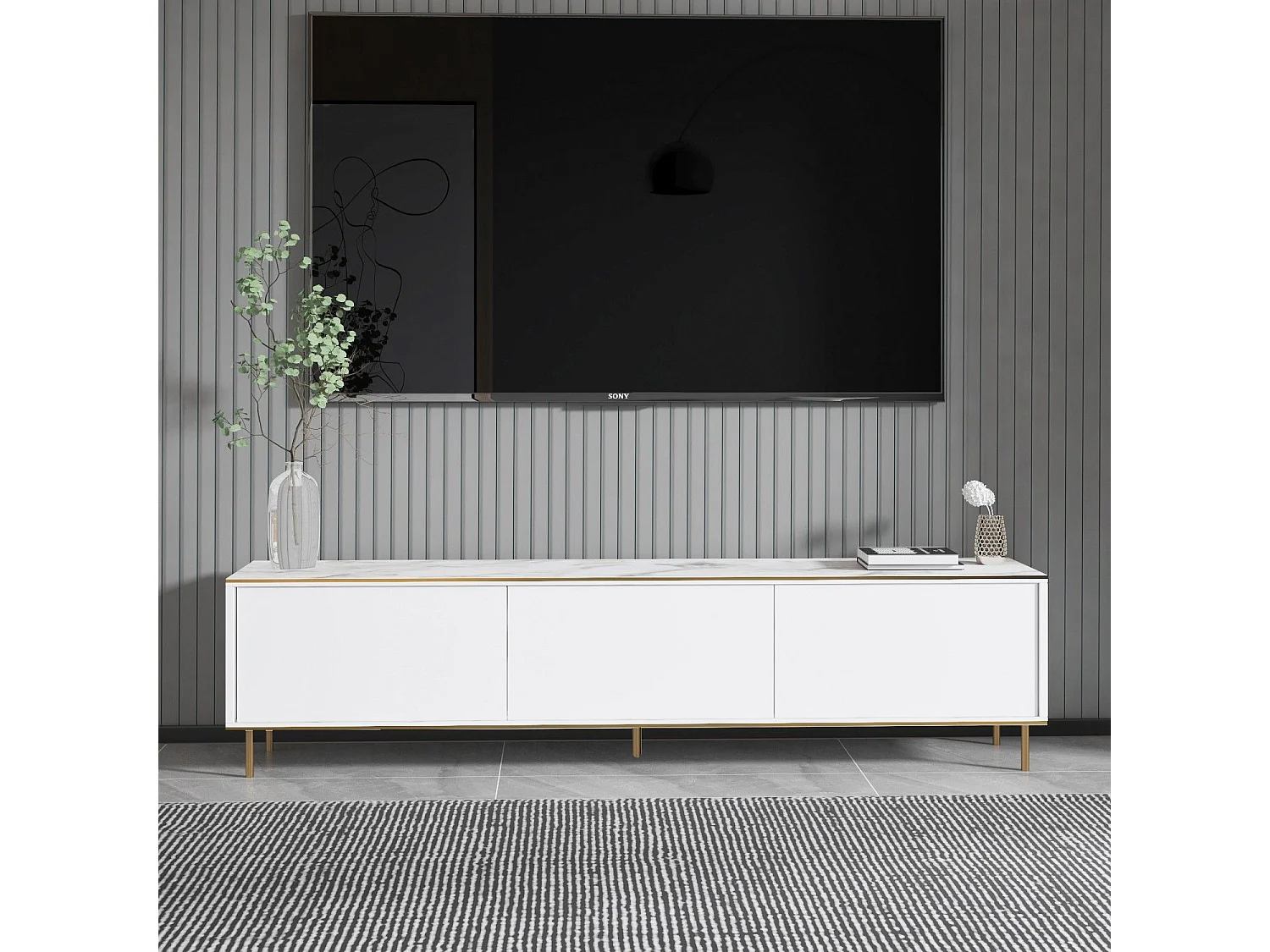 Mueble de TV – 180 cm x 45,2 cm x 35 cm – Mármol blanco y dorado – Melamina