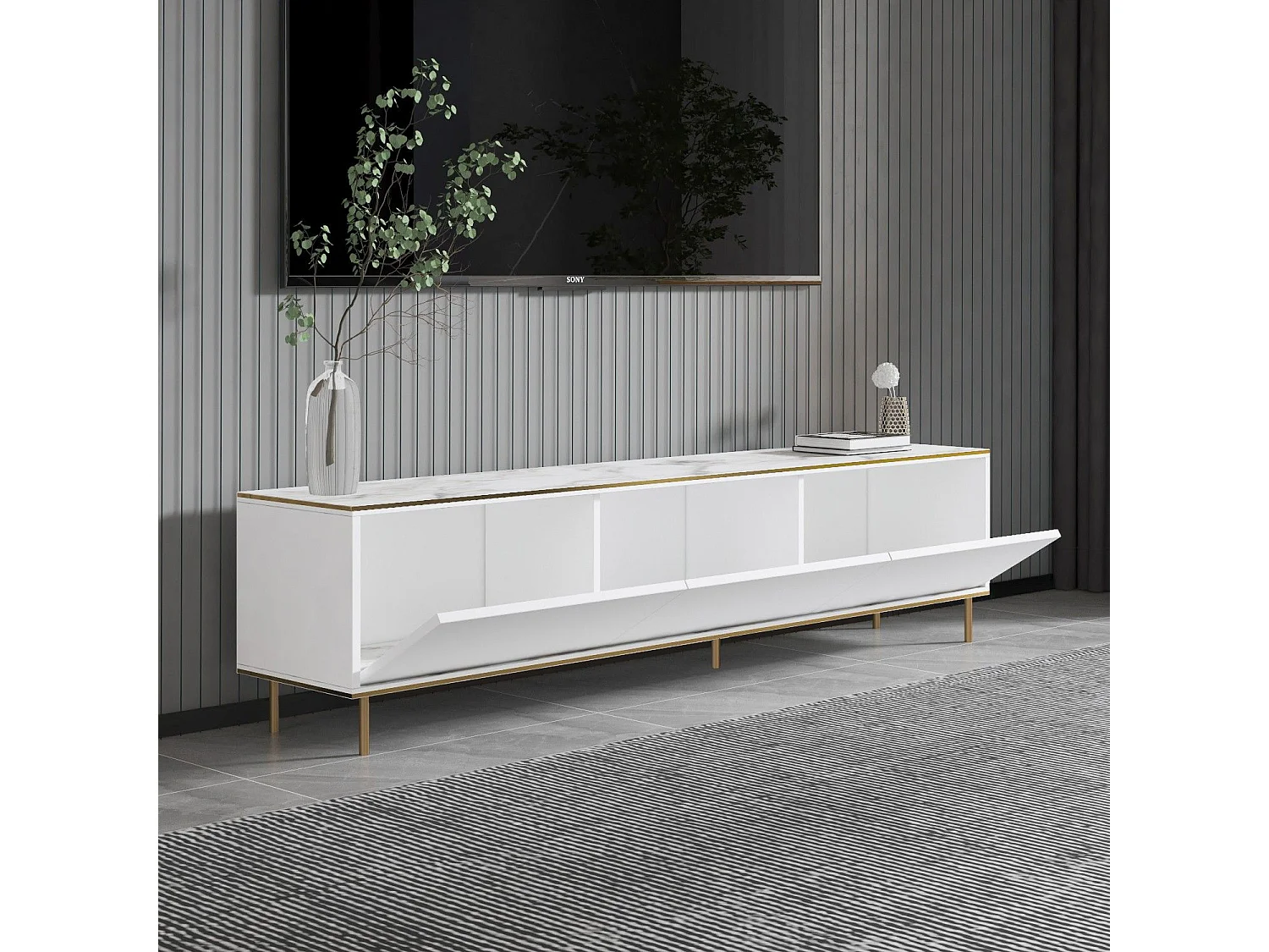 Mueble de TV – 180 cm x 45,2 cm x 35 cm – Mármol blanco y dorado – Melamina