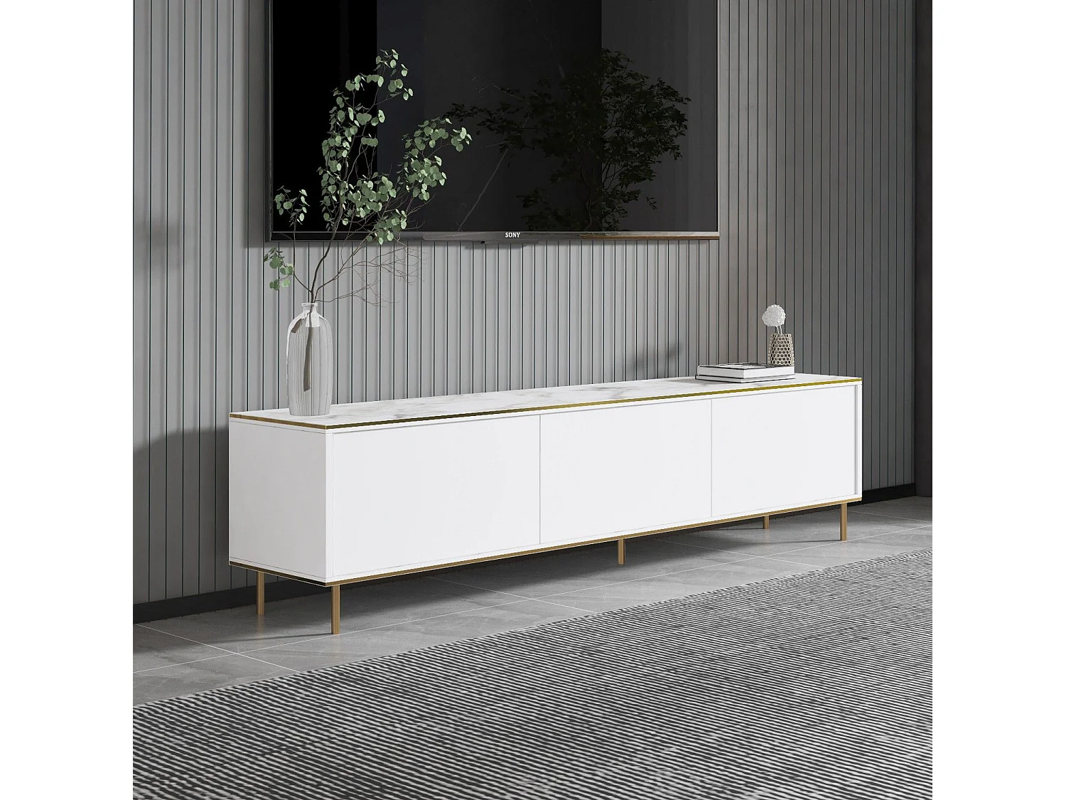 TV-Ständer – 180 cm x 45,2 cm x 35 cm – Weißer und goldener Marmor – Melamin