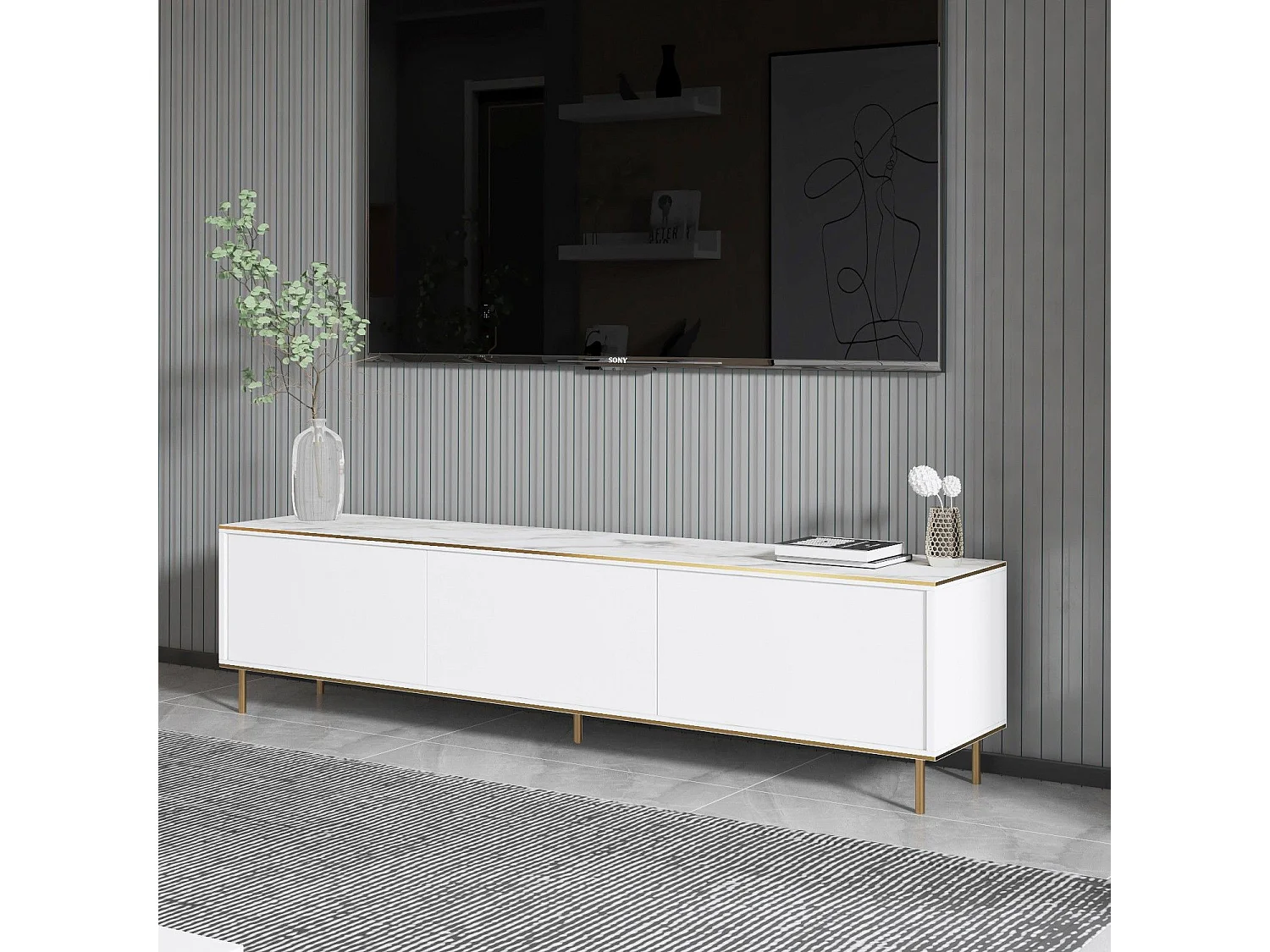 TV-Ständer – 180 cm x 45,2 cm x 35 cm – Weißer und goldener Marmor – Melamin