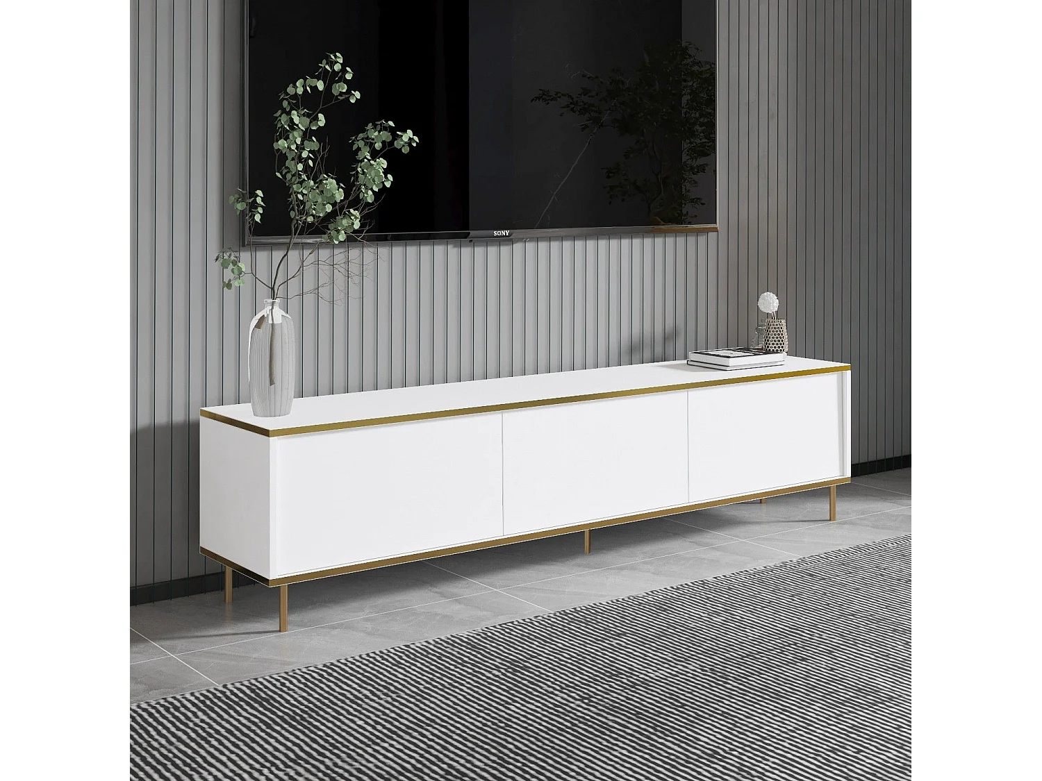 Elegante mueble de TV – 180 cm – Blanco y dorado – Tablero de partículas revestido de melamina