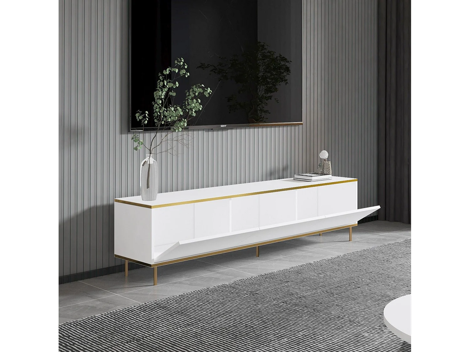 Elegante mueble de TV – 180 cm – Blanco y dorado – Tablero de partículas revestido de melamina