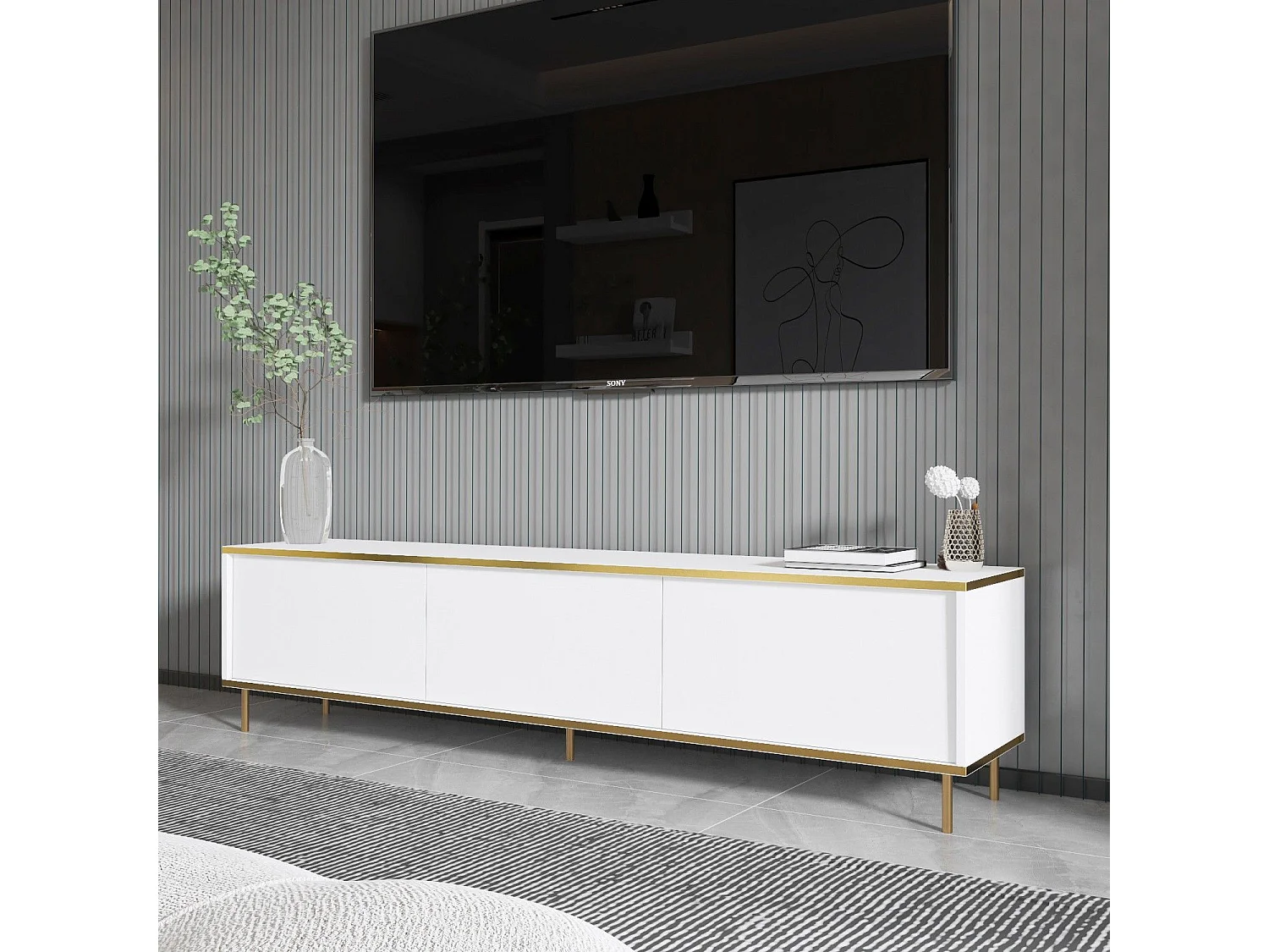 Eleganter TV-Ständer – 180 cm – Weiß und Gold – Melaminbeschichtete Spanplatte