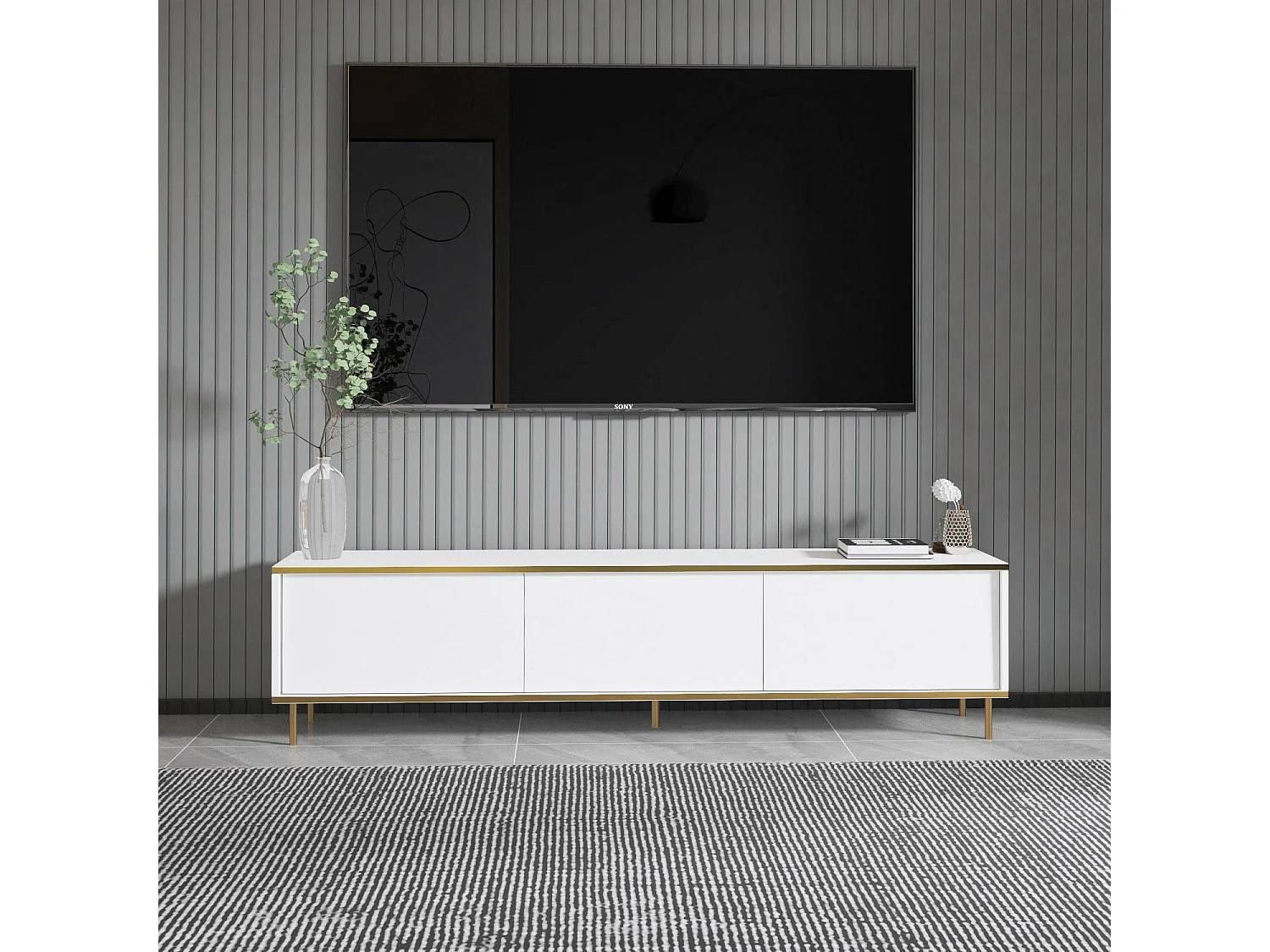 Eleganter TV-Ständer – 180 cm – Weiß und Gold – Melaminbeschichtete Spanplatte