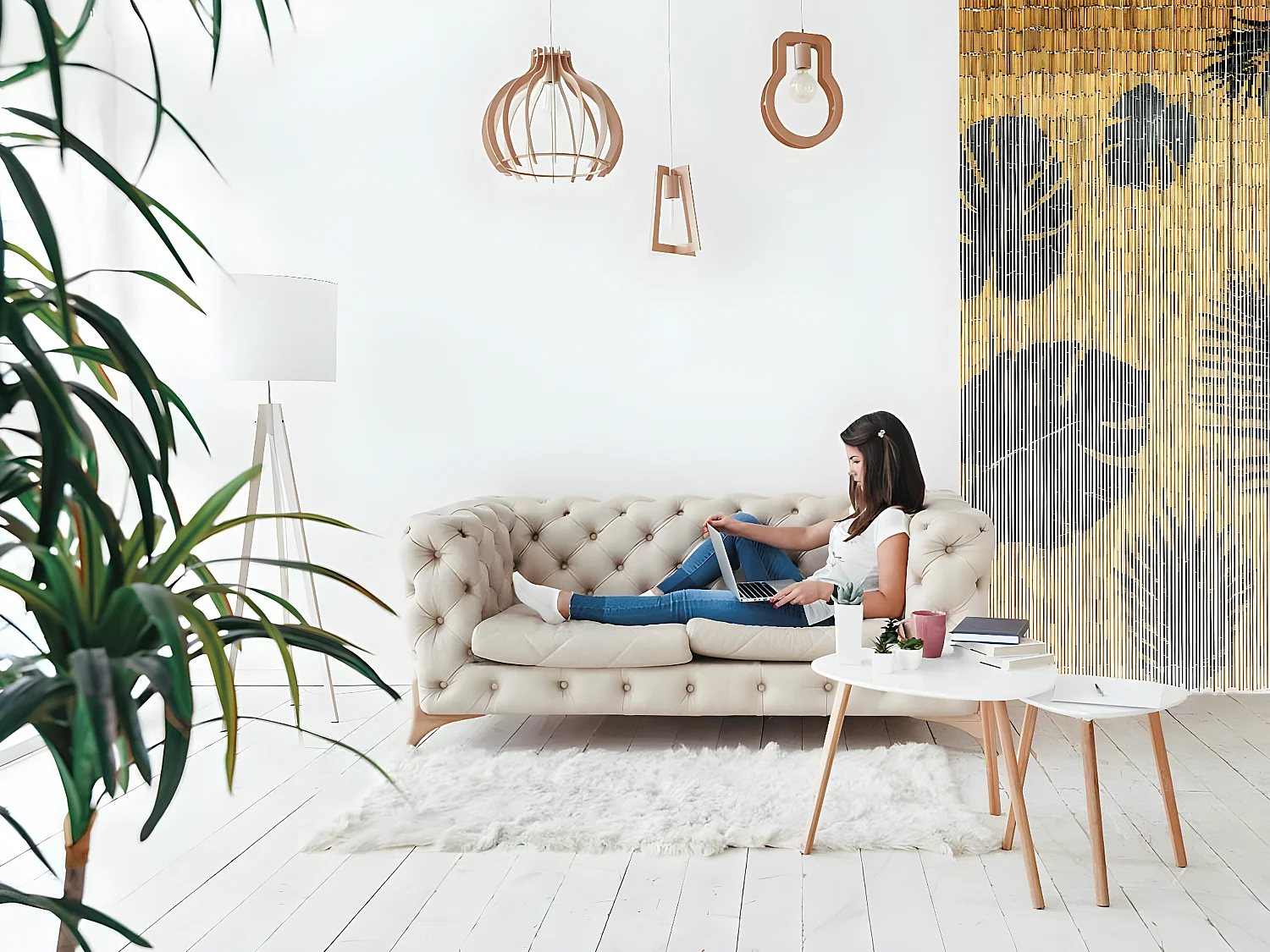 Rideau de porte Bâtonnets de bambou peints, dessin feuilles monstera et palmier - 90 x 200 cm - Morel