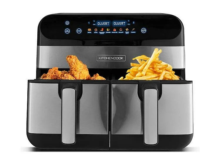 Kitchencook - Friteuse Sans Huile Avec Deux Cuves - 9 Litres - 2400w - 8 Programmes - Minuterie - Thermostat Réglable - Inox