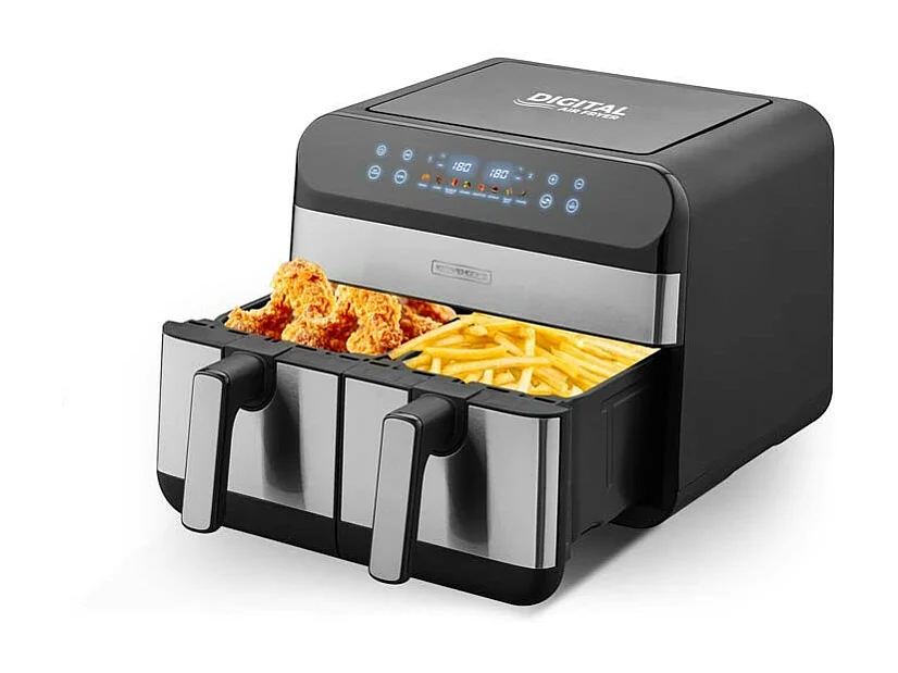 Kitchencook - Friteuse Sans Huile Avec Deux Cuves - 9 Litres - 2400w - 8 Programmes - Minuterie - Thermostat Réglable - Inox