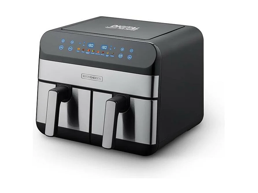 Kitchencook - Friteuse Sans Huile Avec Deux Cuves - 9 Litres - 2400w - 8 Programmes - Minuterie - Thermostat Réglable - Inox