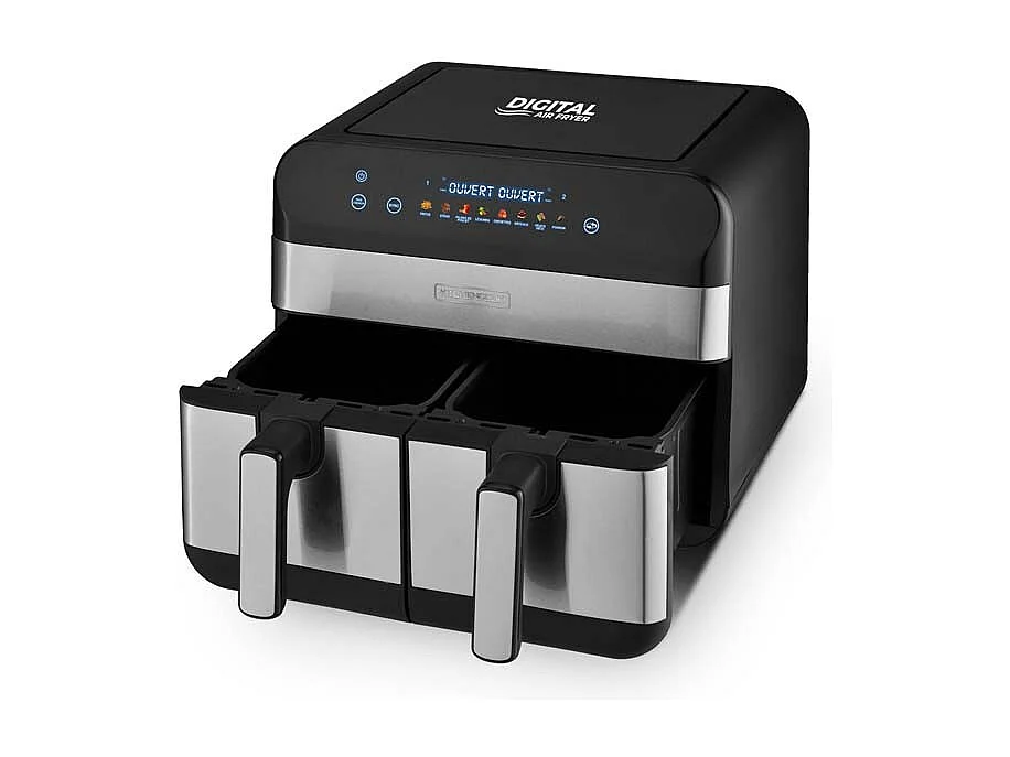 Kitchencook - Friteuse Sans Huile Avec Deux Cuves - 9 Litres - 2400w - 8 Programmes - Minuterie - Thermostat Réglable - Inox