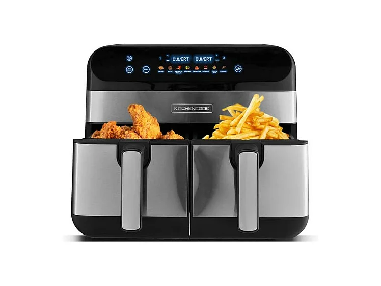 Kitchencook - Friteuse Sans Huile Avec Deux Cuves - 9 Litres - 2400w - 8 Programmes - Minuterie - Thermostat Réglable - Inox