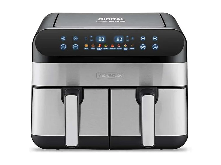 Kitchencook - Friteuse Sans Huile Avec Deux Cuves - 9 Litres - 2400w - 8 Programmes - Minuterie - Thermostat Réglable - Inox