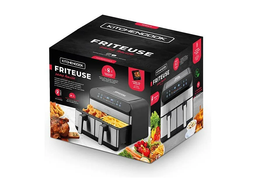 Kitchencook - Friteuse Sans Huile Avec Deux Cuves - 9 Litres - 2400w - 8 Programmes - Minuterie - Thermostat Réglable - Inox