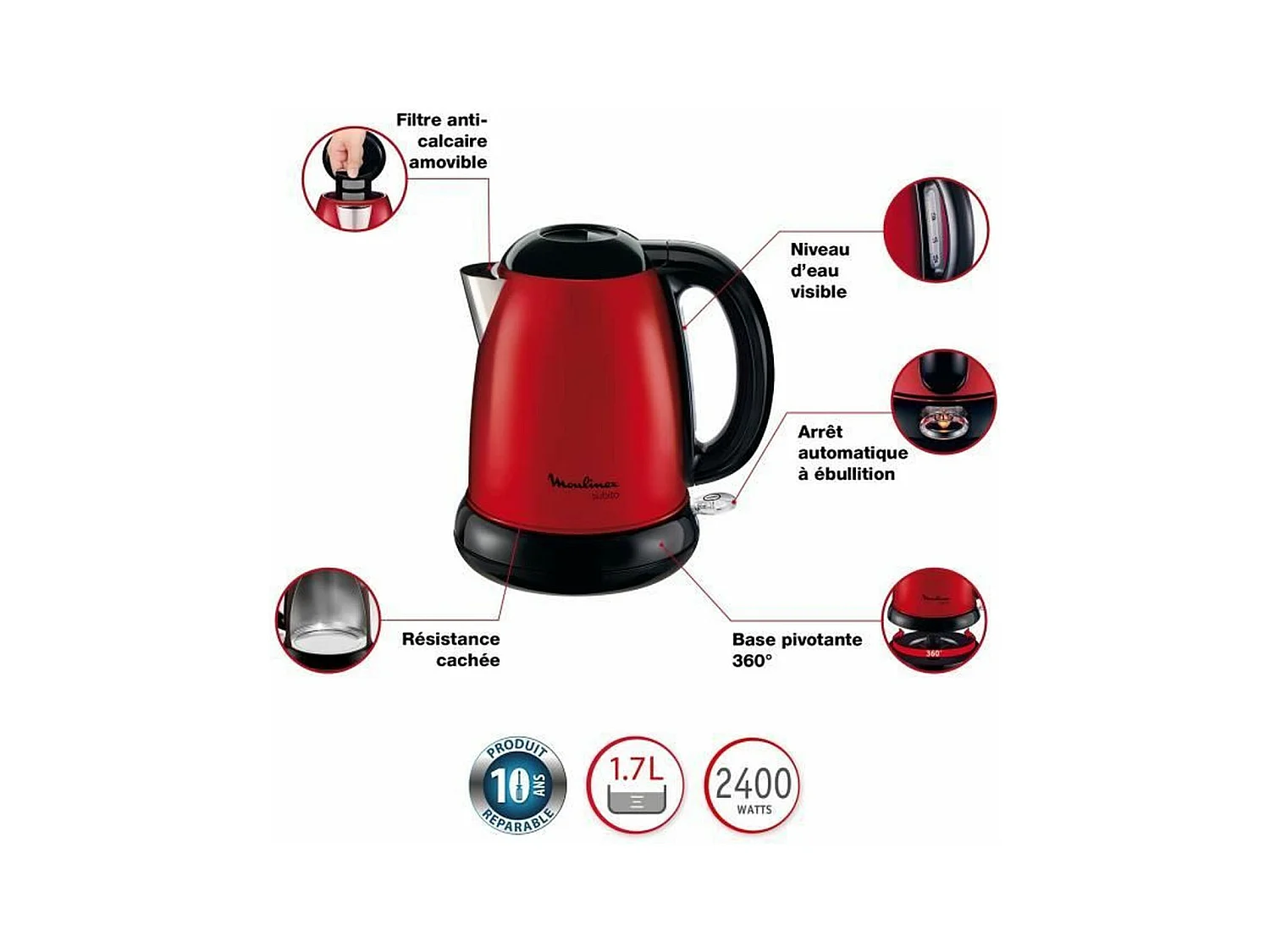 Bollitore elettrico 1,7 L Acciaio inossidabile Rosso