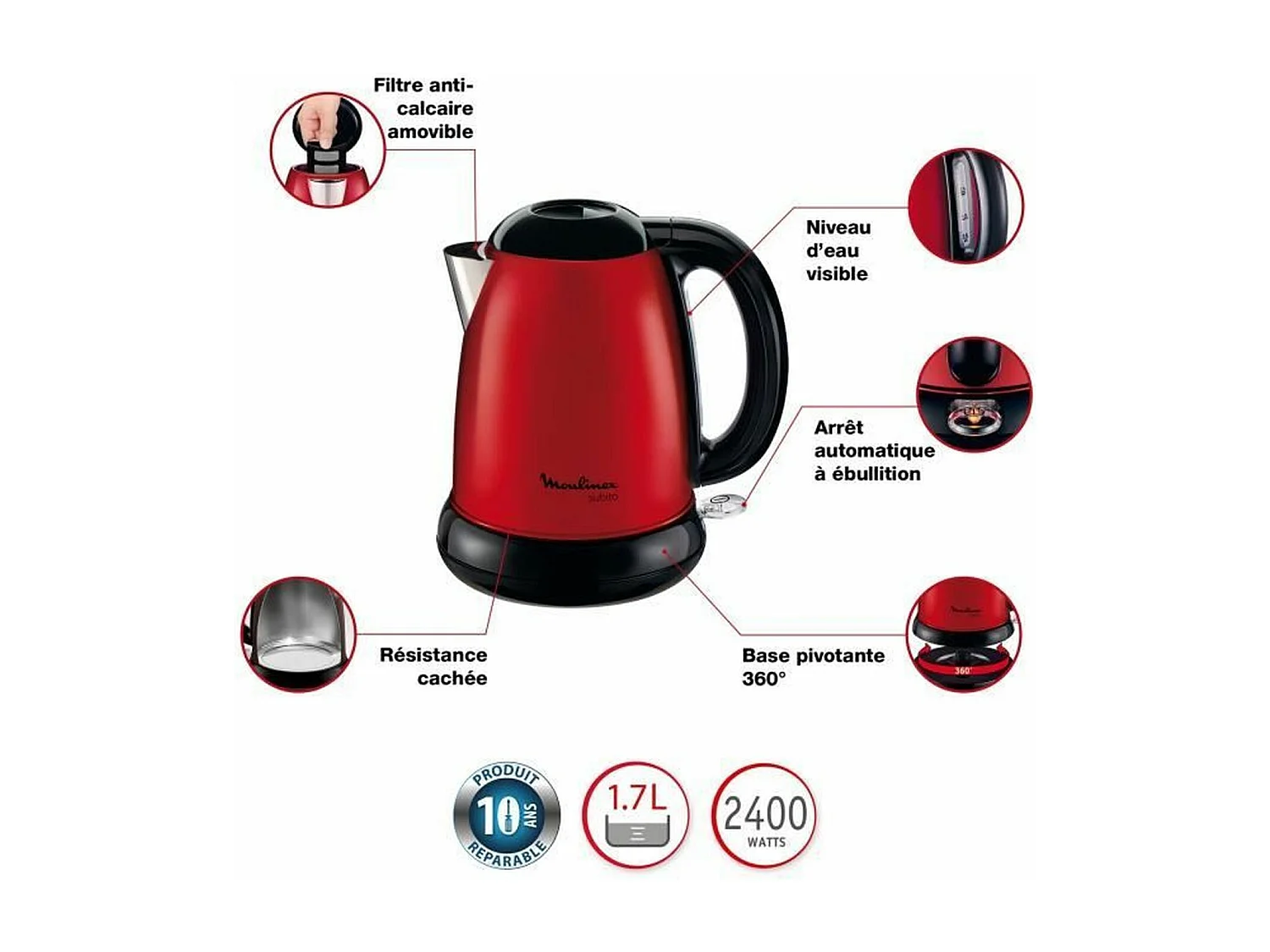 Wasserkocher – 1,7 l – Edelstahl – Rot