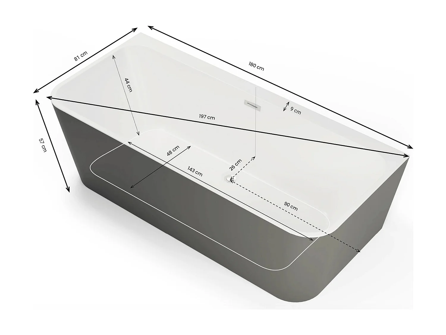 Baignoire Ilot Mint 180 grise 180 x81 x57 cm, by SPALINA