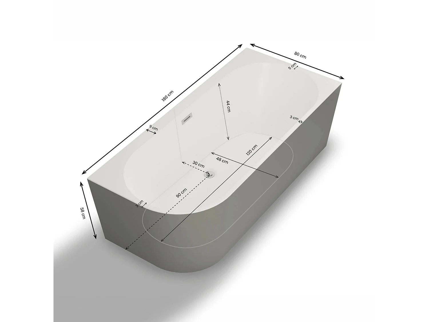 Baignoire Ilot Capri 180 droite grise 180 x81 x58 cm, by SPALINA