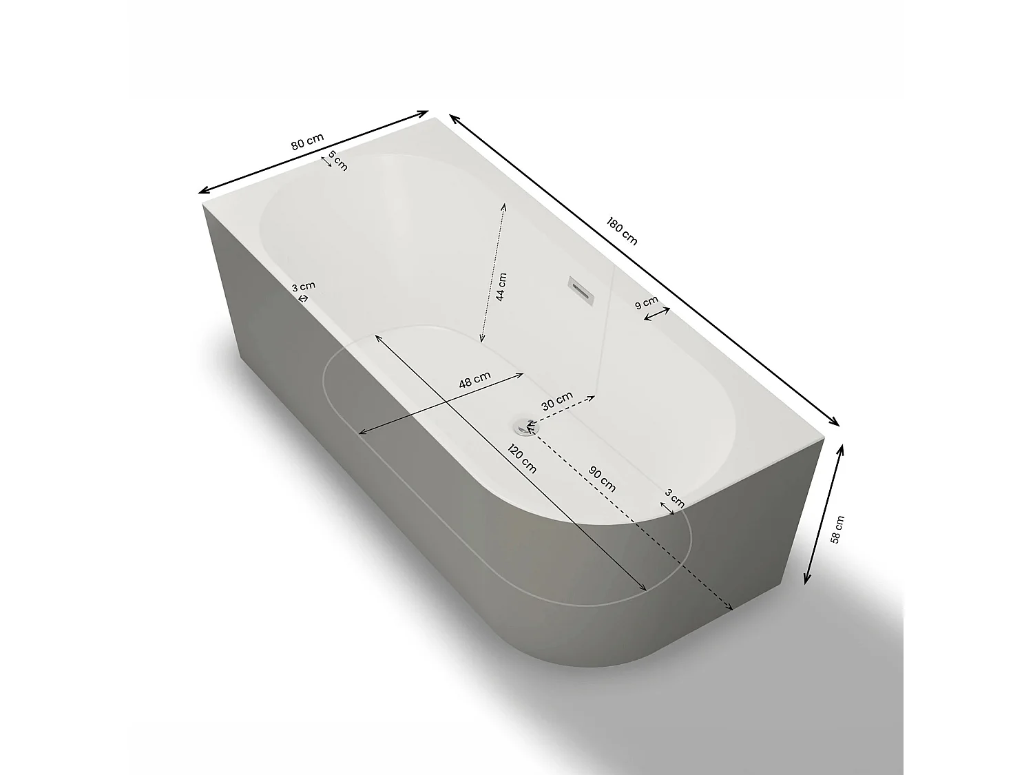Baignoire Ilot Capri 180 gauche grise 180 x81 x58 cm, by SPALINA