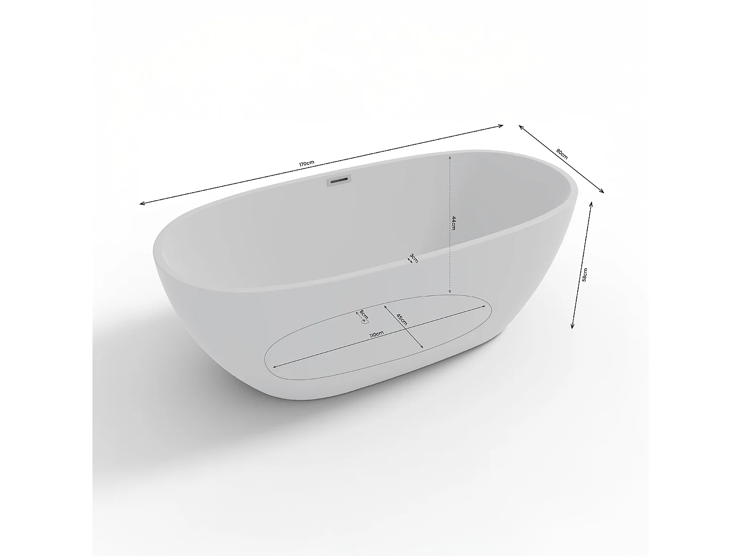 Baignoire Ilot Samba 170 blanche 170 x79 x58 cm, by SPALINA