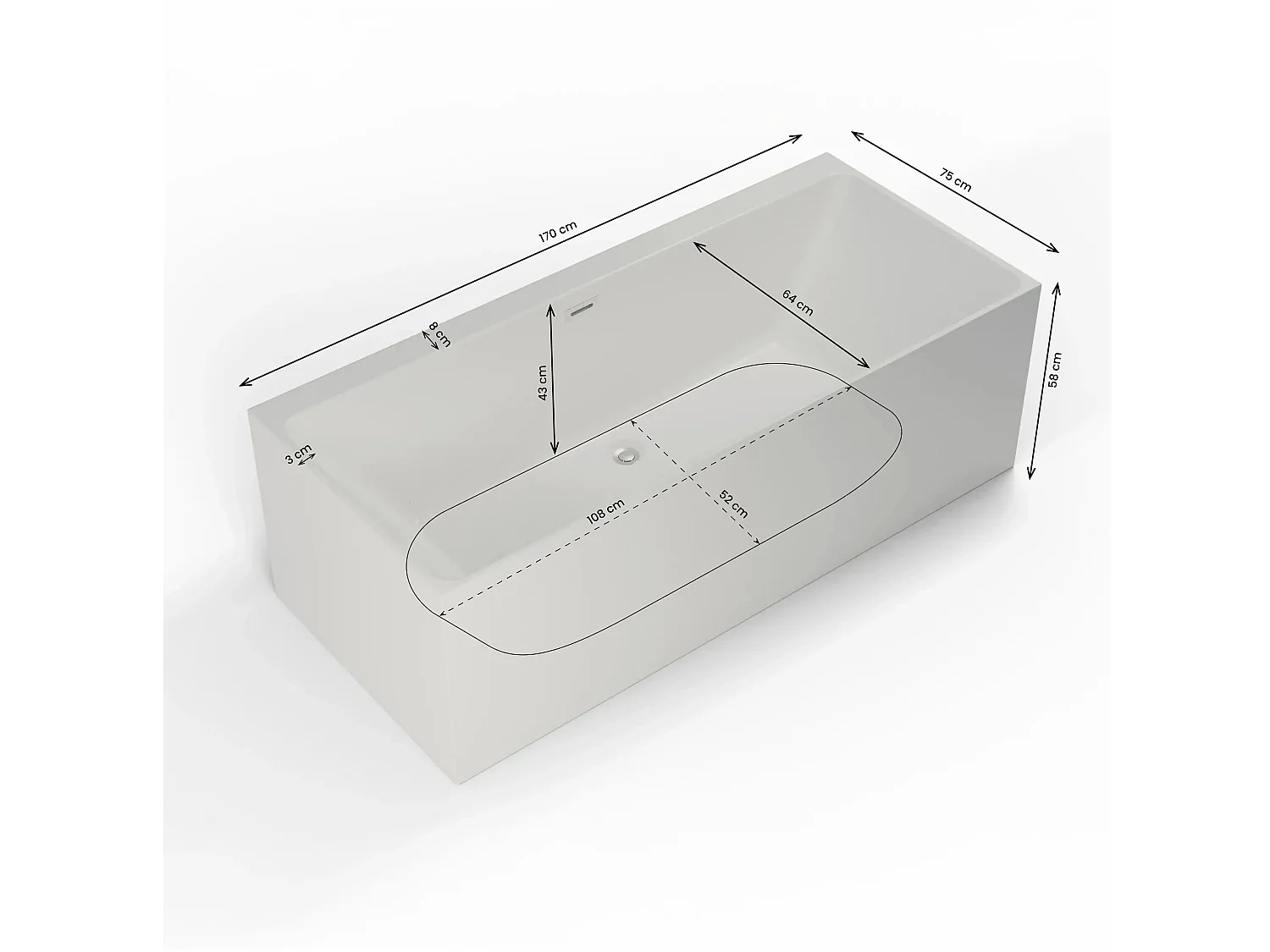 Baignoire Semi-îlot Murale Cobalt 170 Blanche 170 X75 X56 Cm, By Spalina