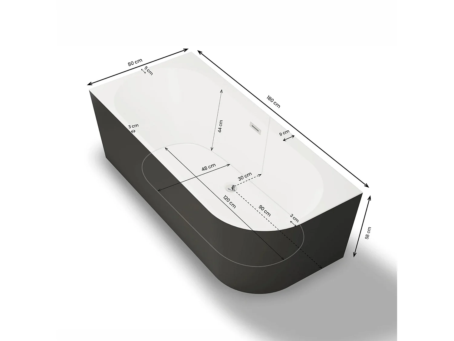 Baignoire Ilot Capri 180 gauche noire 180 x81 x58 cm, by SPALINA