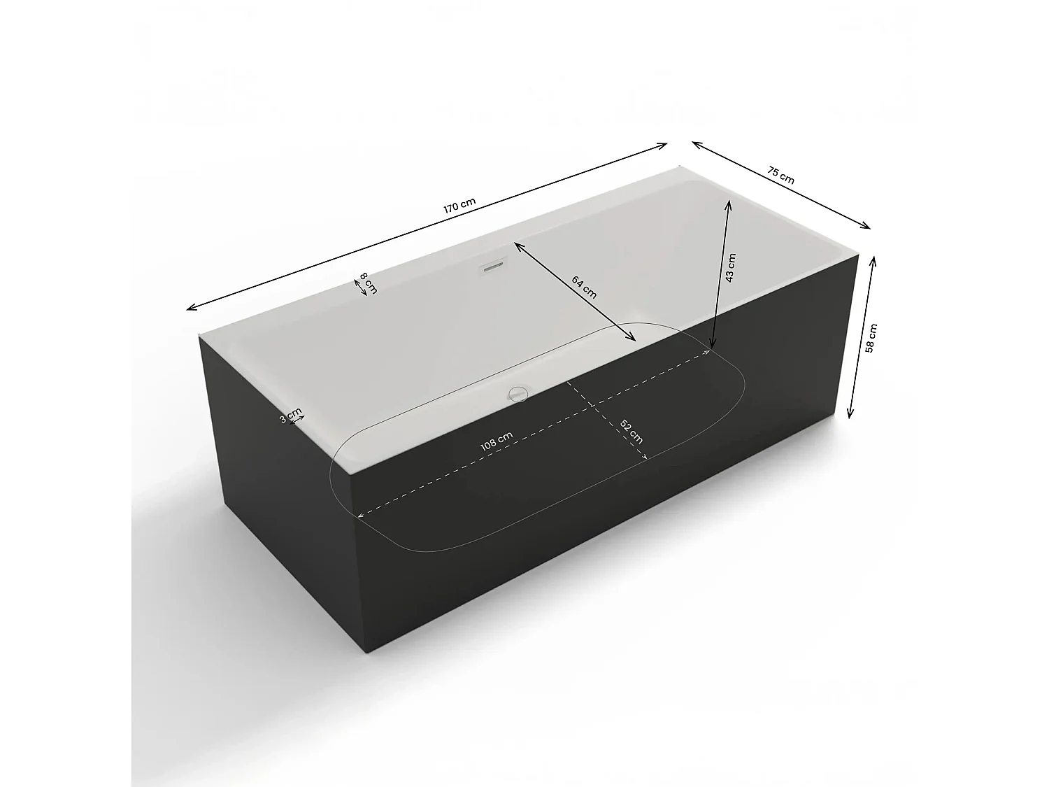 Baignoire Semi-îlot Murale Cobalt 170 Noire 170 X75 X56 Cm, By Spalina