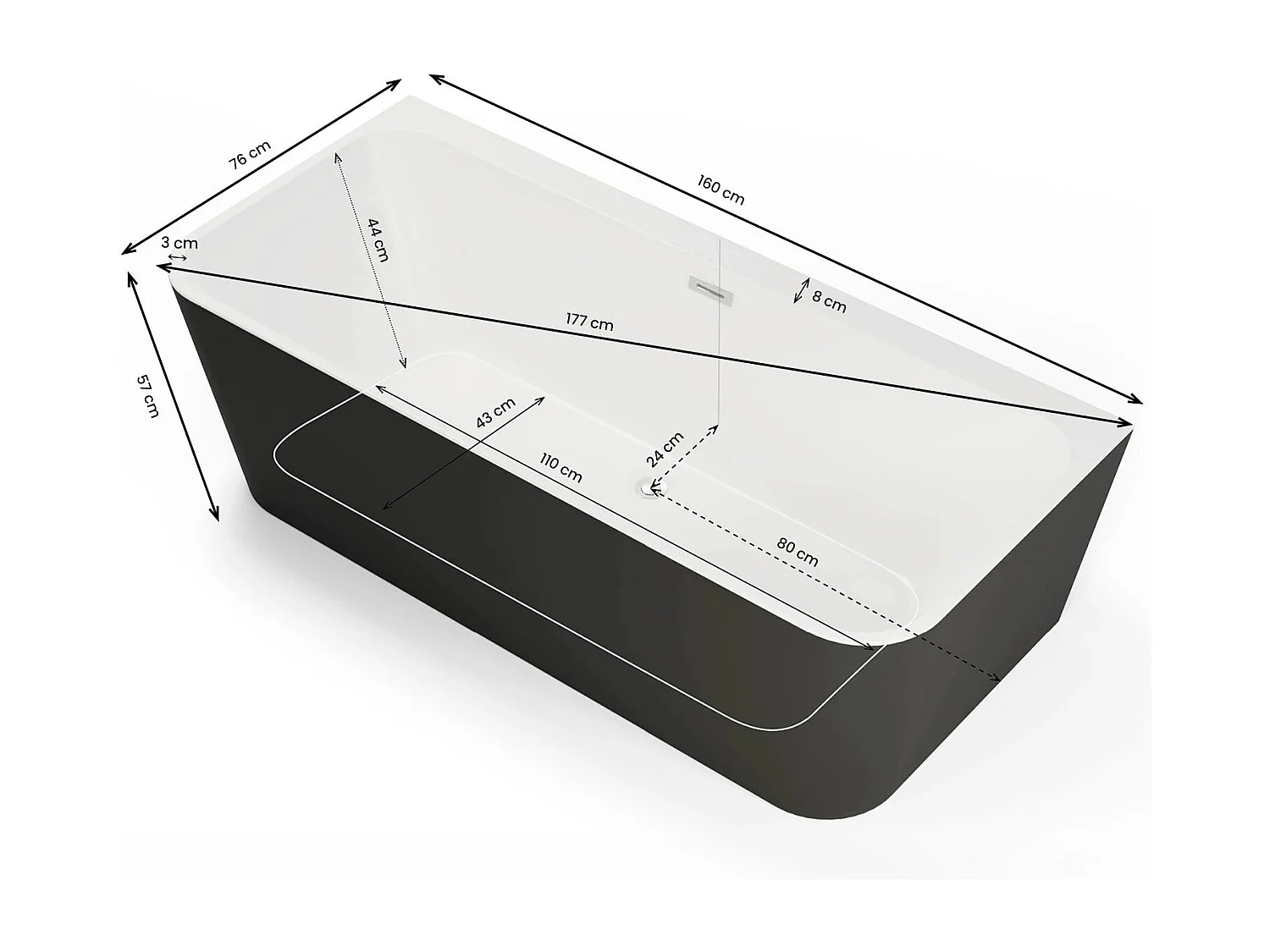 Baignoire Ilot Mint 160 noire 160 x75 x57 cm, by SPALINA